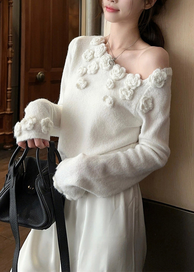 Stylish White Cold Shoulder Knit Sweater Spring