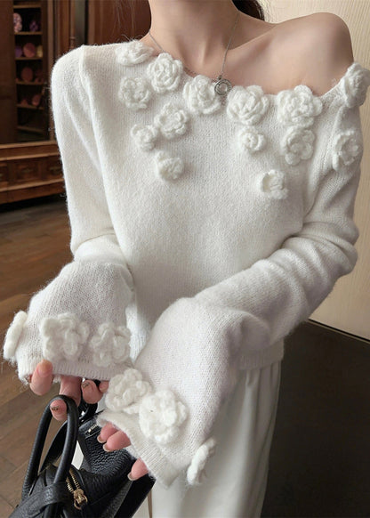 Stylish White Cold Shoulder Knit Sweater Spring