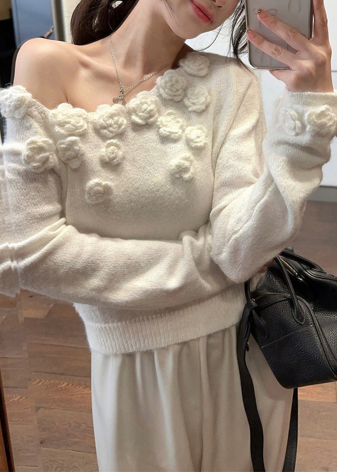 Stylish White Cold Shoulder Knit Sweater Spring