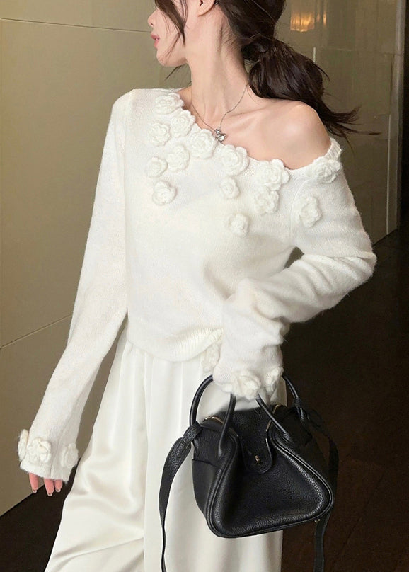 Stylish White Cold Shoulder Knit Sweater Spring