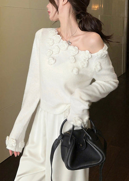 Stylish White Cold Shoulder Knit Sweater Spring