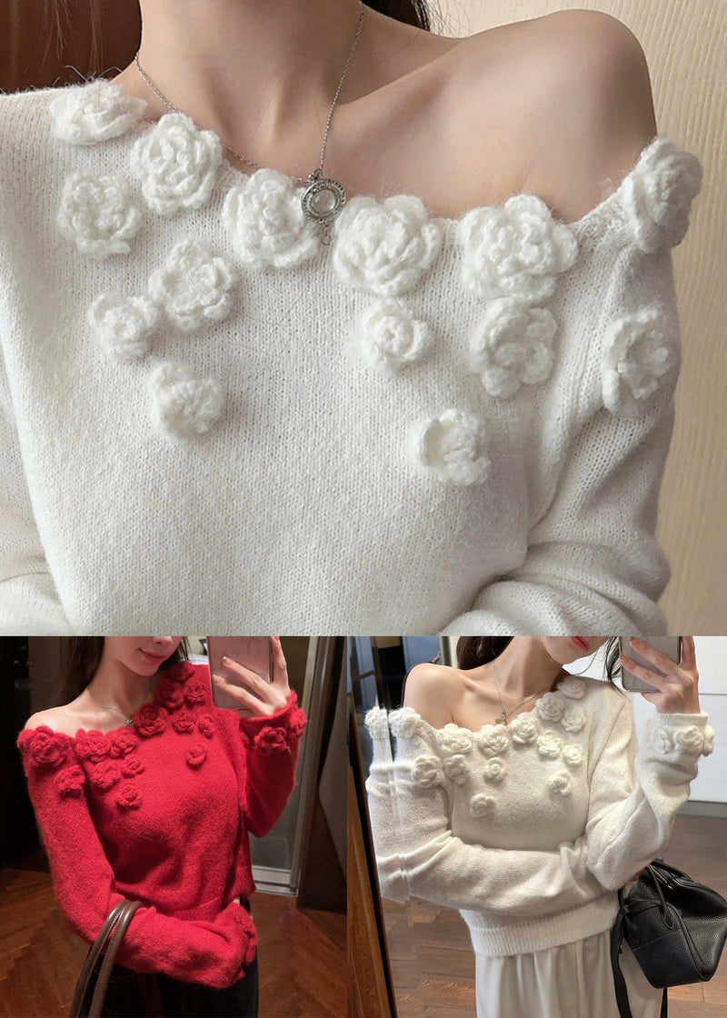 Stylish White Cold Shoulder Knit Sweater Spring