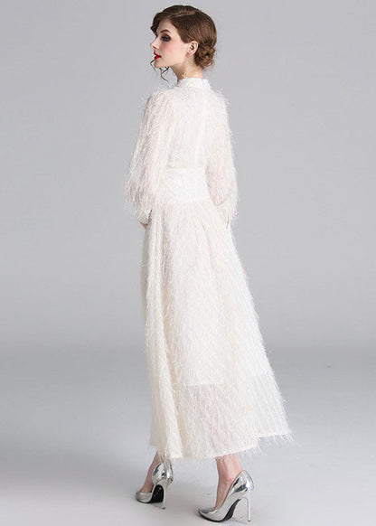 Stylish White Fluffy Tassel Patchwork Cotton Long Dresses Lantern Sleeve