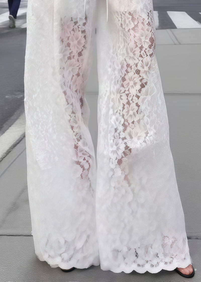 Stylish White Hollow Out Drawstring Lace Straight Pants Summer
