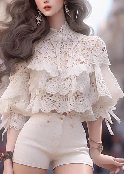 Stylish White Hollow Out Shirts and Shorts Cotton Two Piece Set Half Sleeve
