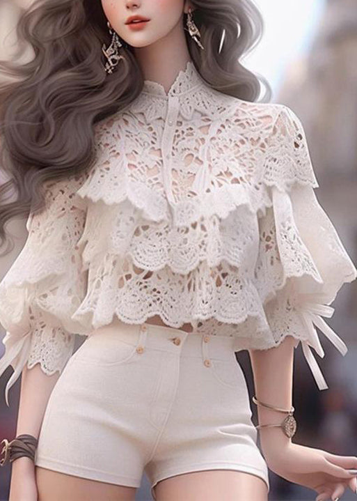 Stylish White Hollow Out Shirts and Shorts Cotton Two Piece Set Half Sleeve