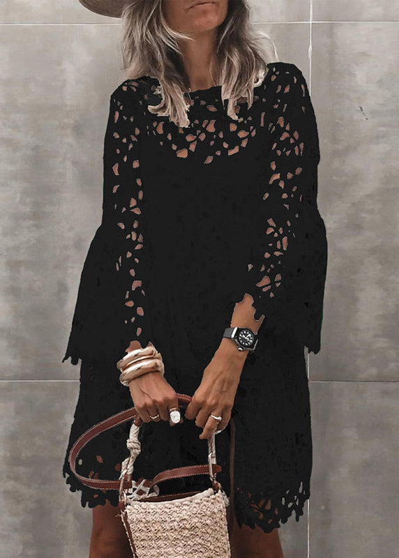 Stylish White Hollow Out Lace Mid Dresses Flare Sleeve
