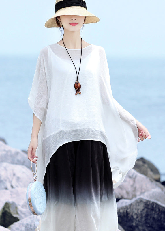 Stylish White O-neck Asymmetrical Design Linen Loose Tops Half Sleeve