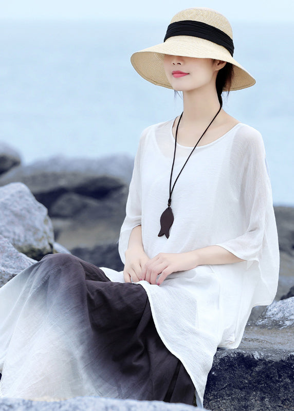 Stylish White O-neck Asymmetrical Design Linen Loose Tops Half Sleeve