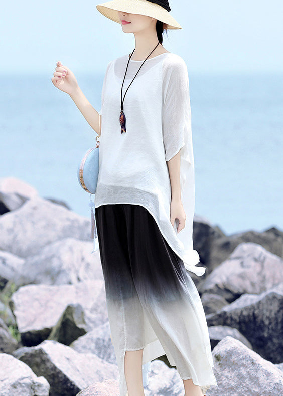 Stylish White O-neck Asymmetrical Design Linen Loose Tops Half Sleeve