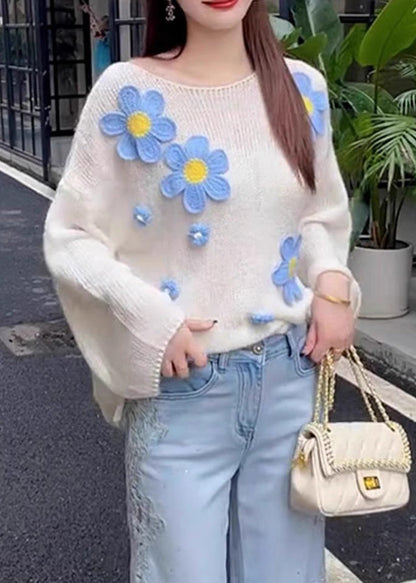 Stylish White O Neck Hollow Out Knit Sweater Tops Fall