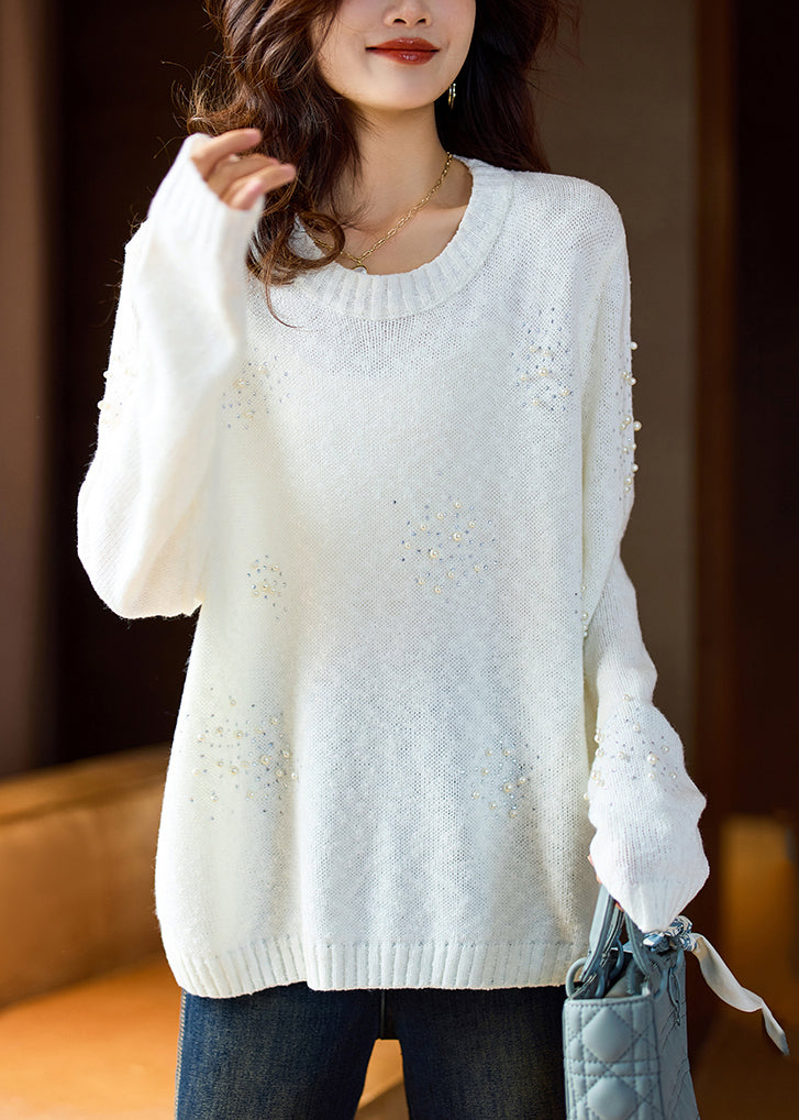 Stylish White O-neck Nail Bead Cotton Knit Sweater Spring