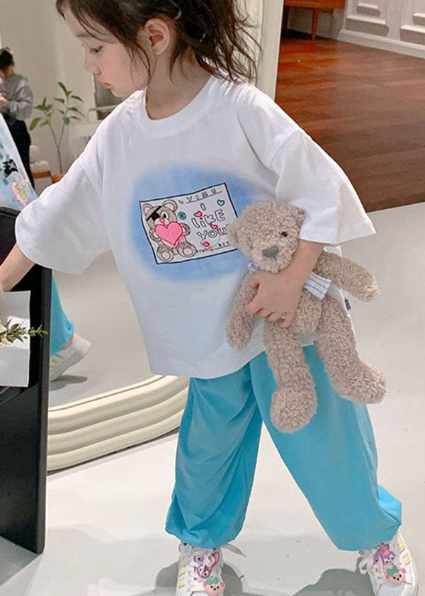 Stylish White O Neck Print Cotton Kids T Shirts Summer