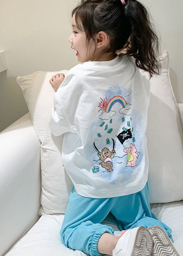 Stylish White O Neck Print Cotton Kids T Shirts Summer