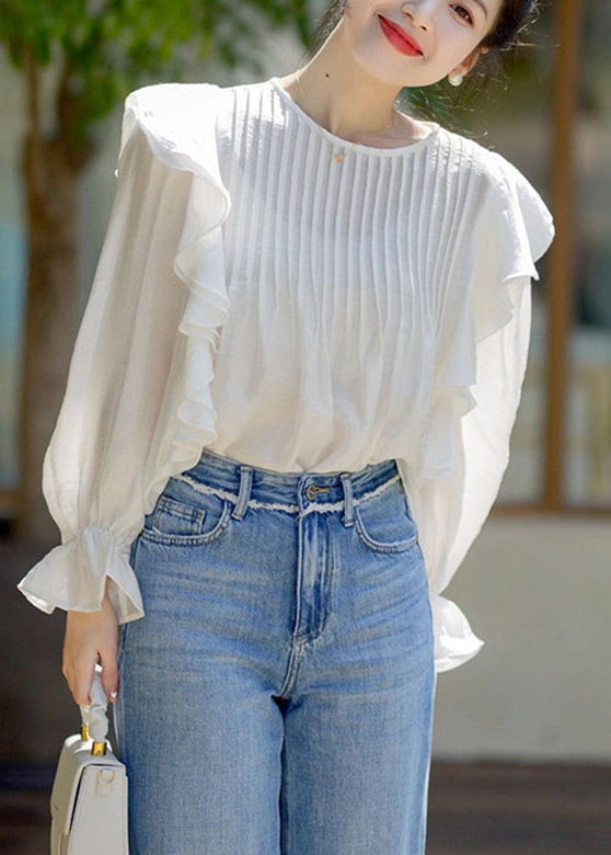 Stylish White O-neck Ruffled Patchwork Chiffon Shirts Spring