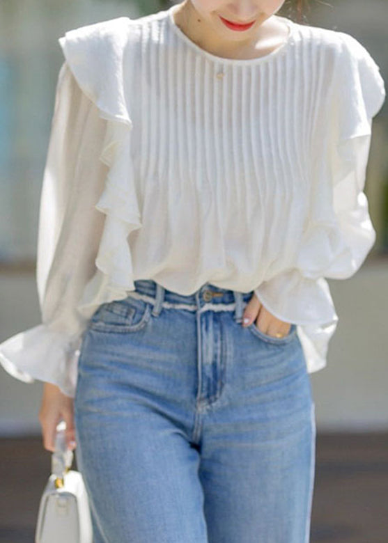 Stylish White O-neck Ruffled Patchwork Chiffon Shirts Spring