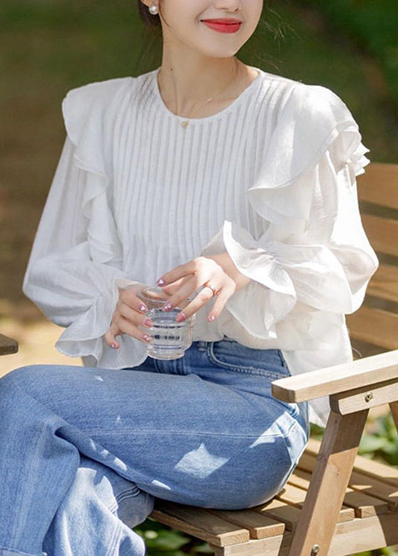 Stylish White O-neck Ruffled Patchwork Chiffon Shirts Spring