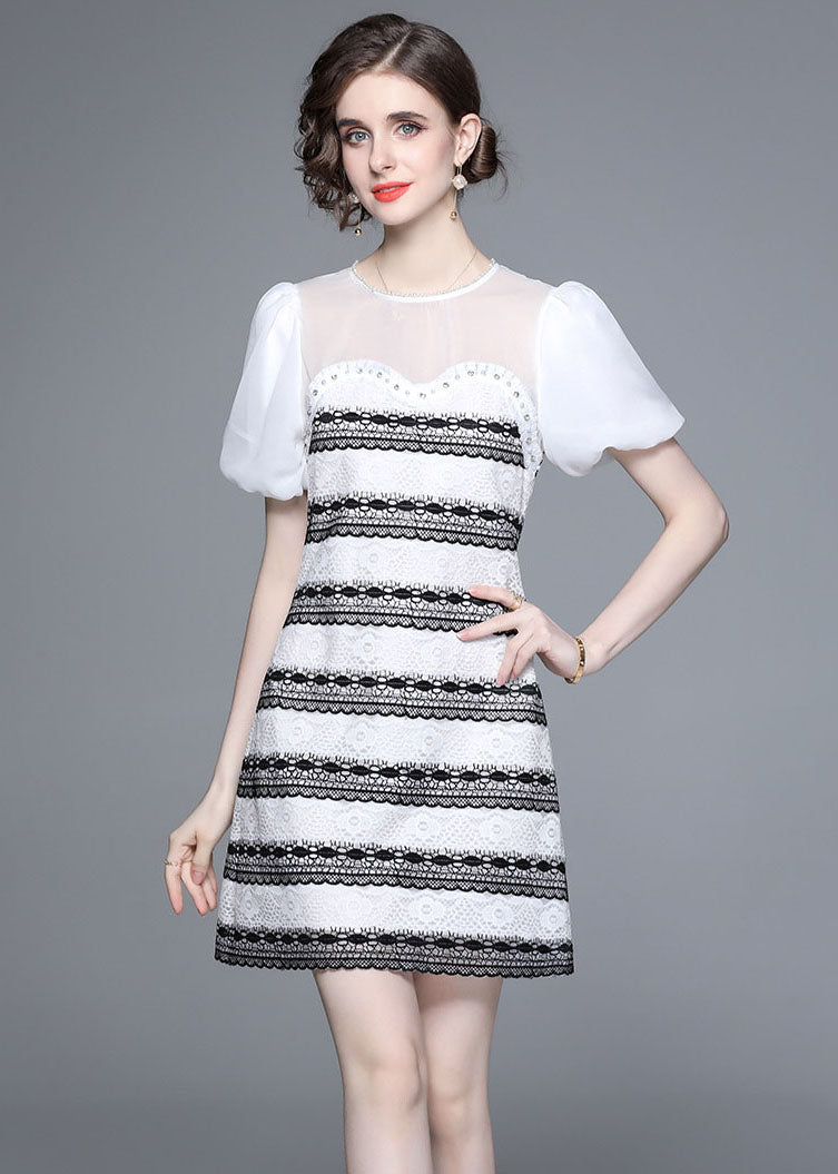Stylish White O-neck Zircon Tulle Patchwork Lace Mid Dress Summer
