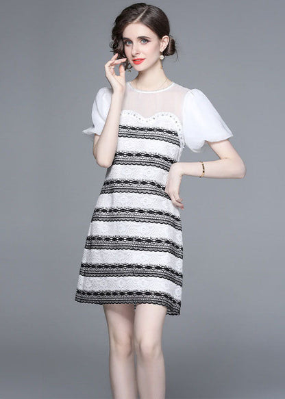 Stylish White O-neck Zircon Tulle Patchwork Lace Mid Dress Summer