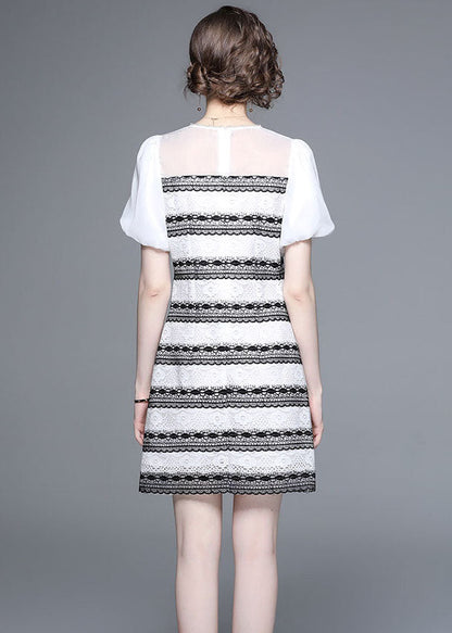 Stylish White O-neck Zircon Tulle Patchwork Lace Mid Dress Summer