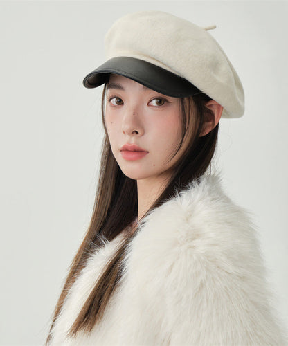 Stylish White Patchwork Woolen Beret Hat