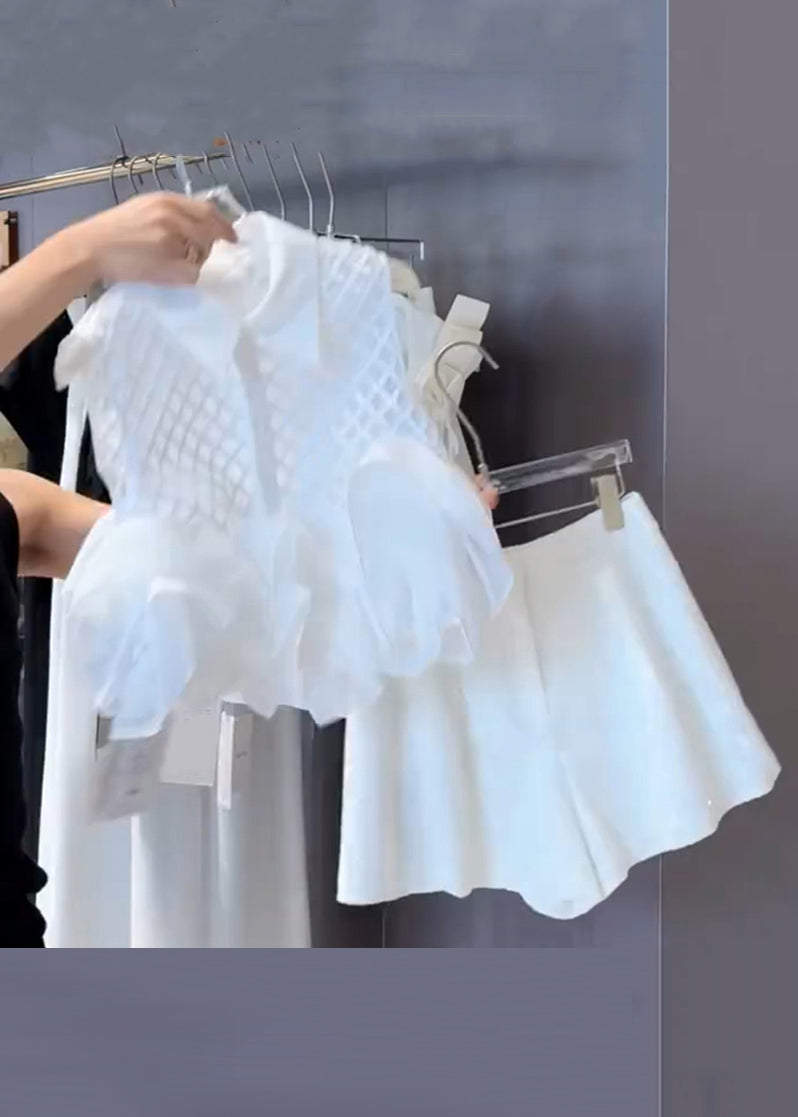 Stylish White Peter Pan Collar Plaid Shirts and Shorts Cotton Two Piece Set Sleeveless