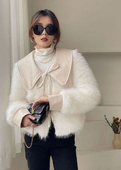 Stylish White Peter Pan Collar Thick Mink Hair Winter Outwear