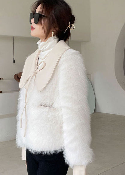 Stylish White Peter Pan Collar Thick Mink Hair Winter Outwear