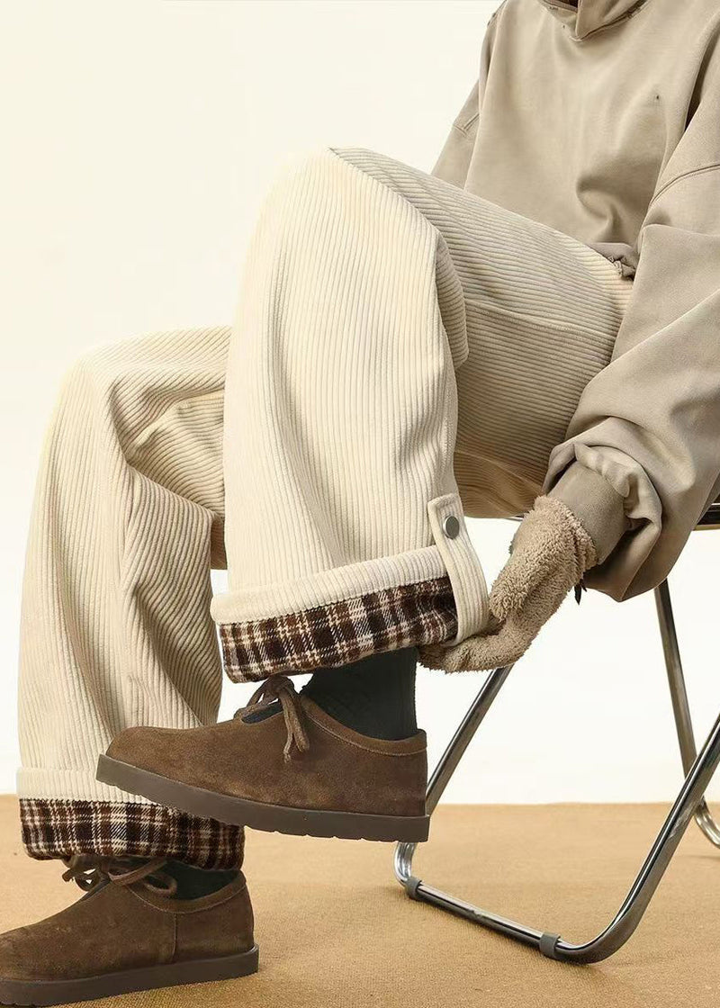 Stylish White Plaid Lace Up Warm Fleece Corduroy Pants Winter