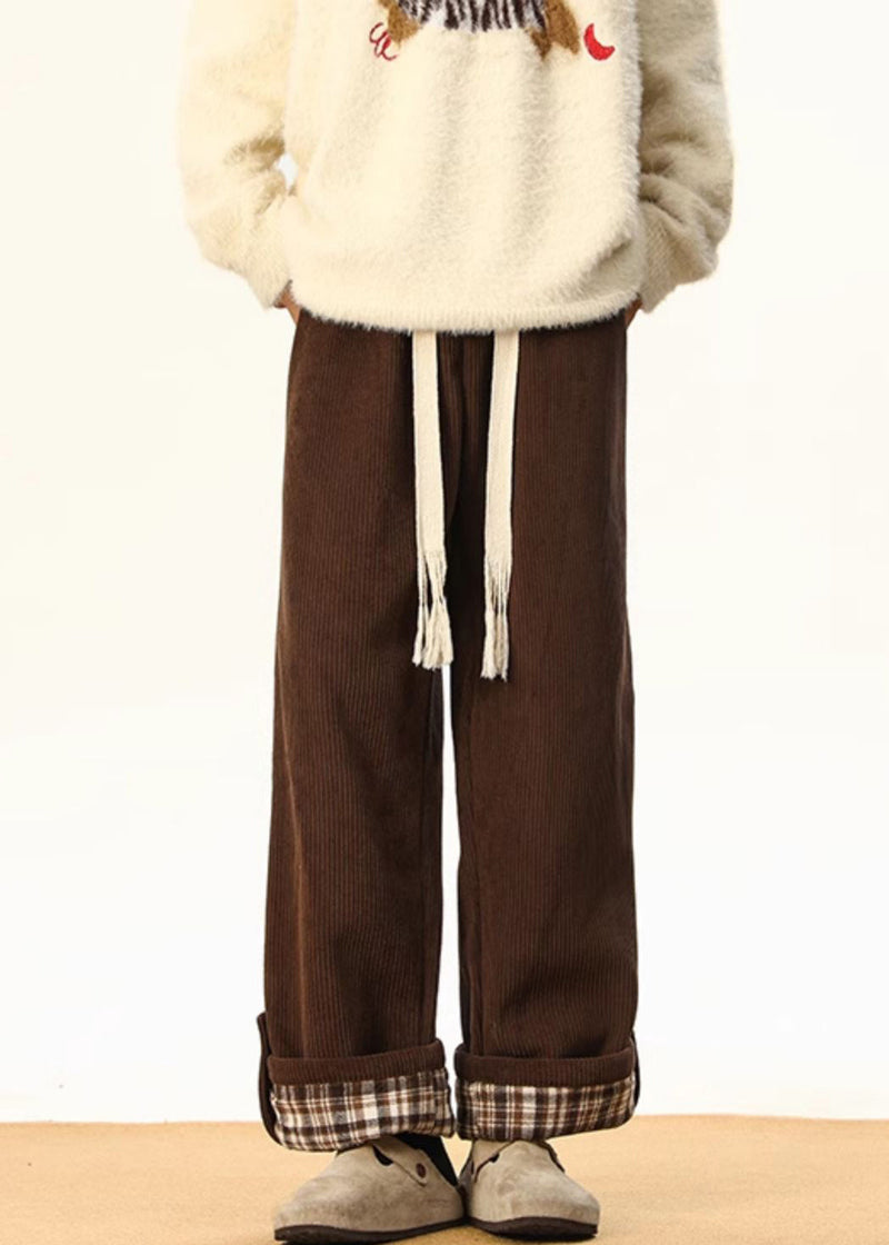 Stylish White Plaid Lace Up Warm Fleece Corduroy Pants Winter