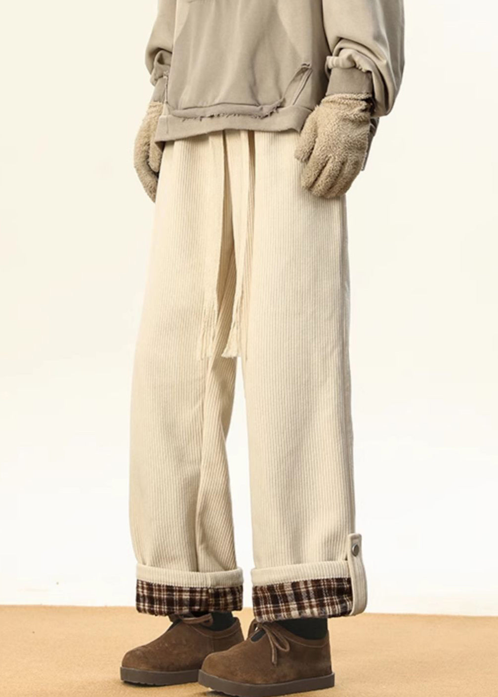 Stylish White Plaid Lace Up Warm Fleece Corduroy Pants Winter