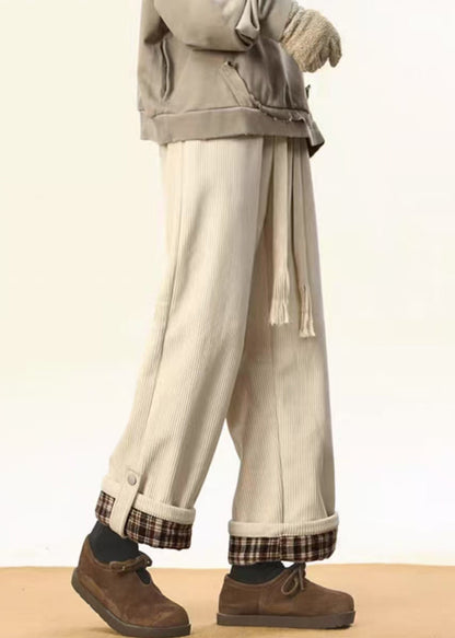 Stylish White Plaid Lace Up Warm Fleece Corduroy Pants Winter