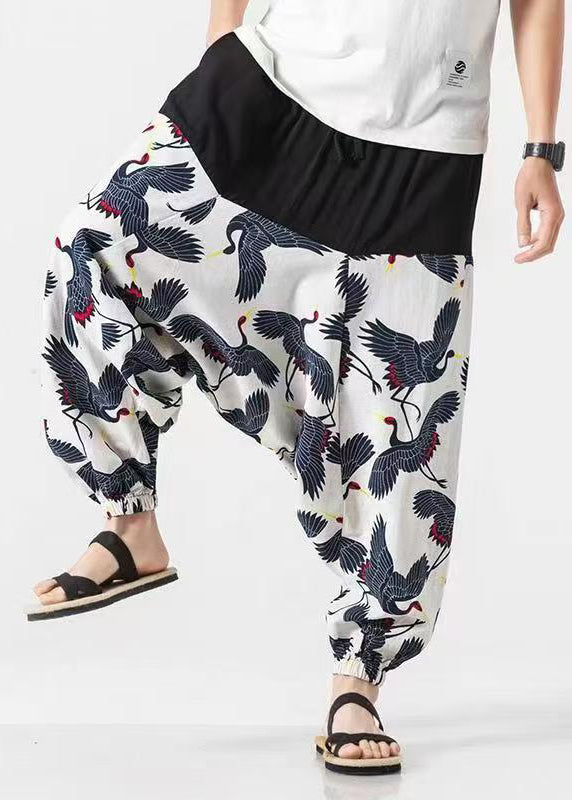 Stylish White Pockets Print Cotton Lantern Pants Summer