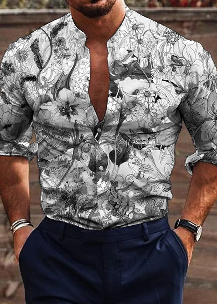Stylish White Print Button Oversized Cotton Men's Shirts Fall