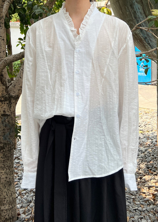 Stylish White Ruffled Button Cotton Men Shirts Fall