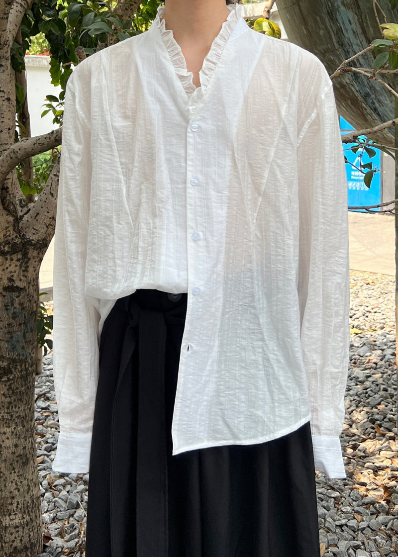 Stylish White Ruffled Button Cotton Shirts Fall