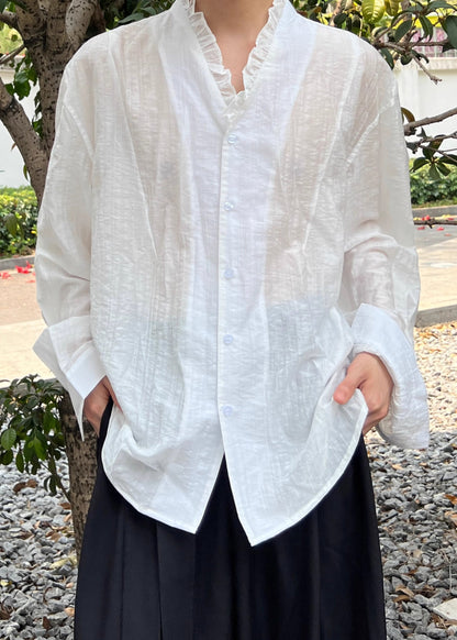 Stylish White Ruffled Button Cotton Men Shirts Fall