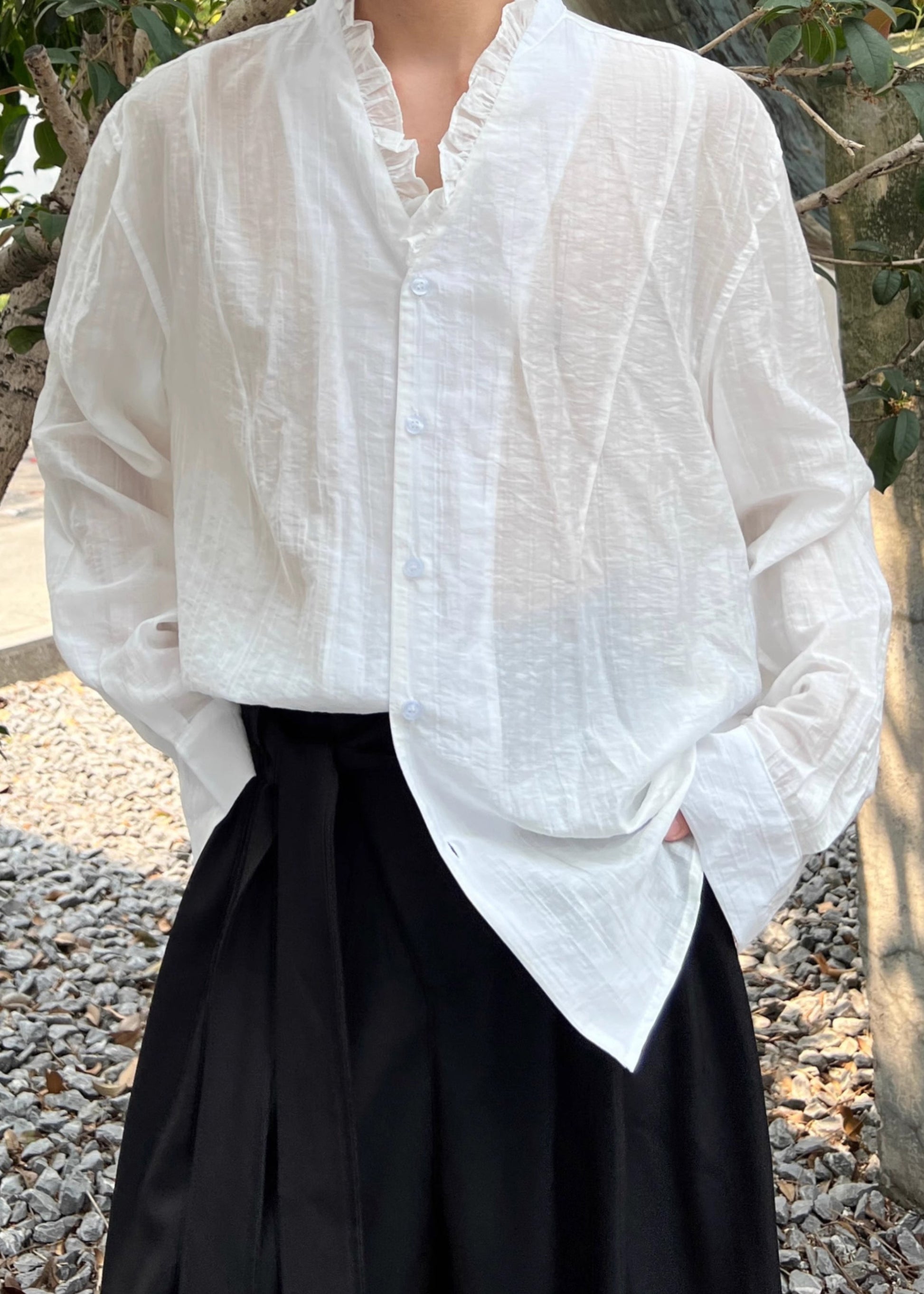 Stylish White Ruffled Button Cotton Men Shirts Fall