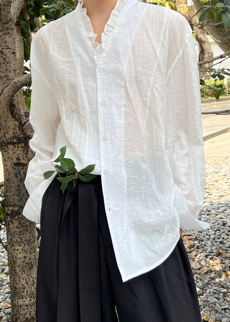 Stylish White Ruffled Button Cotton Shirts Fall