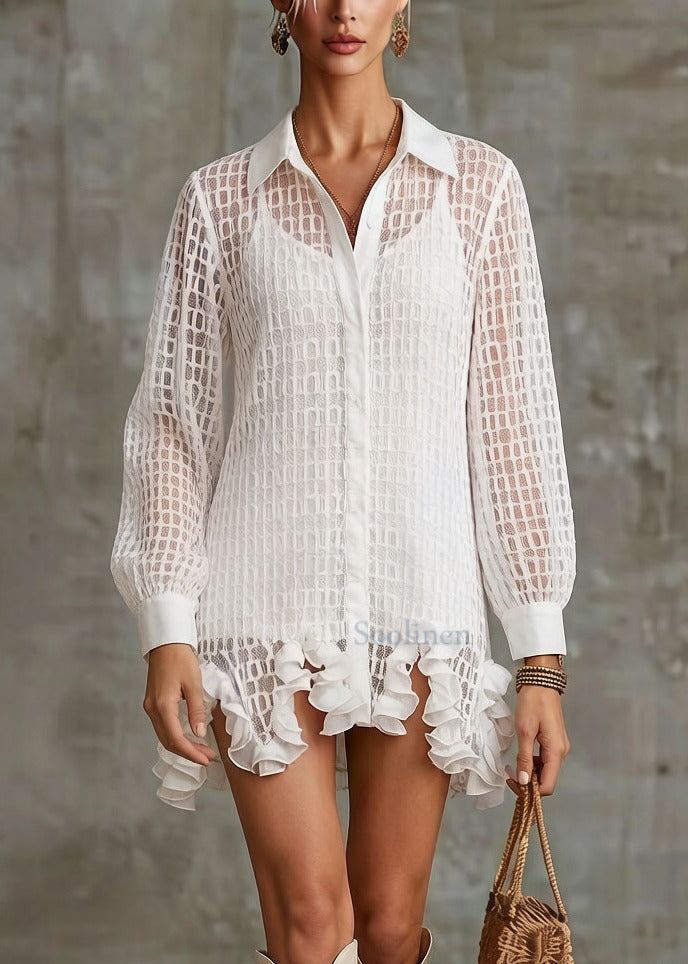 Stylish White Ruffled Hollow Out Tulle Shirt Dress Spring