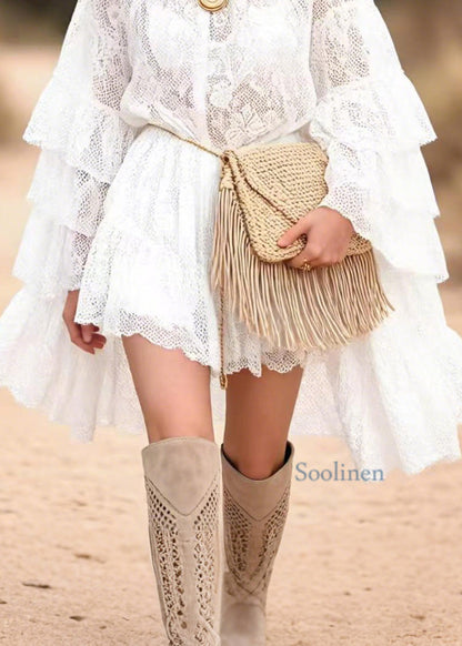 Stylish White Ruffled Patchwork Lace Mid Dress Butterfly Sleeve