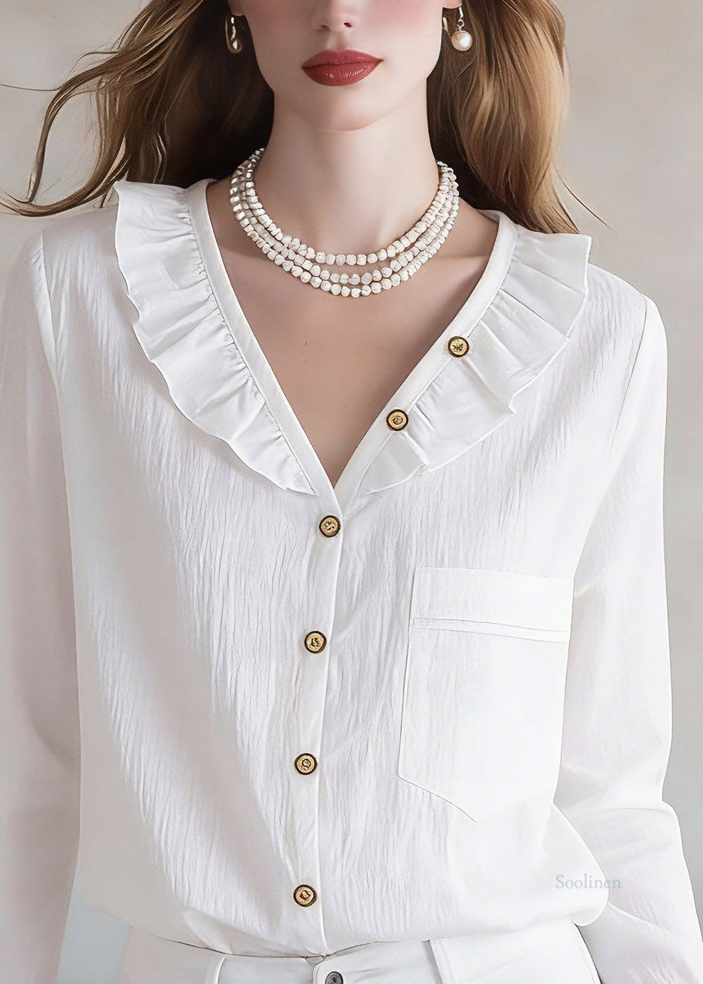 Stylish White Ruffled Patchwork Solid Tops Spring
