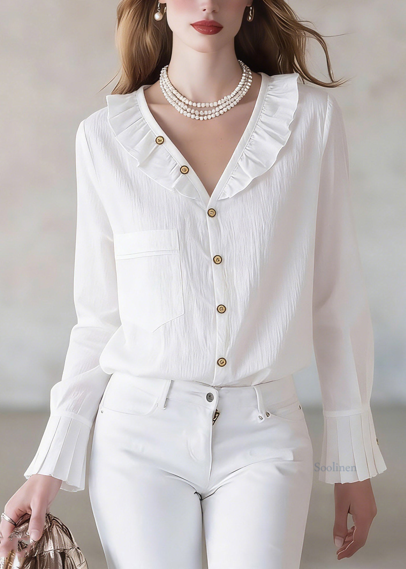Stylish White Ruffled Patchwork Solid Tops Spring