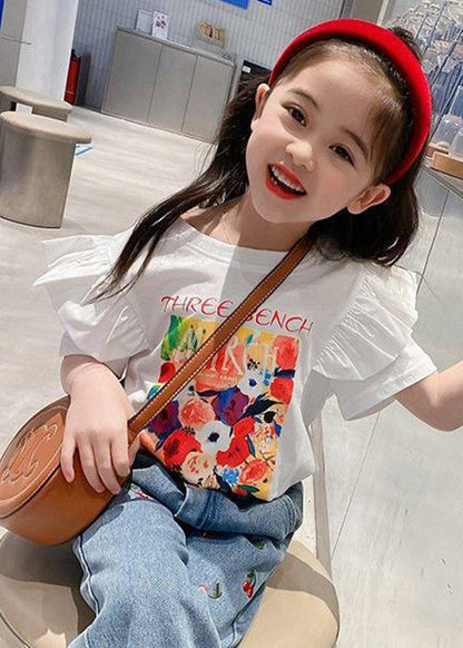 Stylish White Ruffled Print Cotton T Shirt Summer