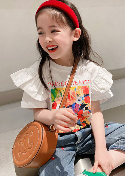 Stylish White Ruffled Print Cotton T Shirt Summer