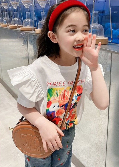 Stylish White Ruffled Print Cotton T Shirt Summer