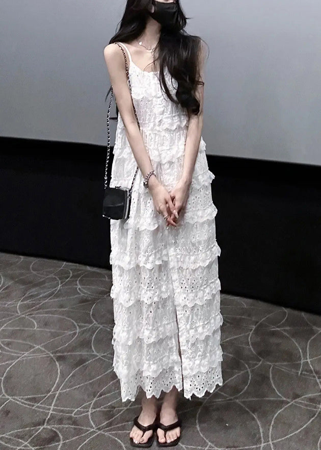 Stylish White Ruffled Side Open Lace Spaghetti Strap Dress Sleeveless