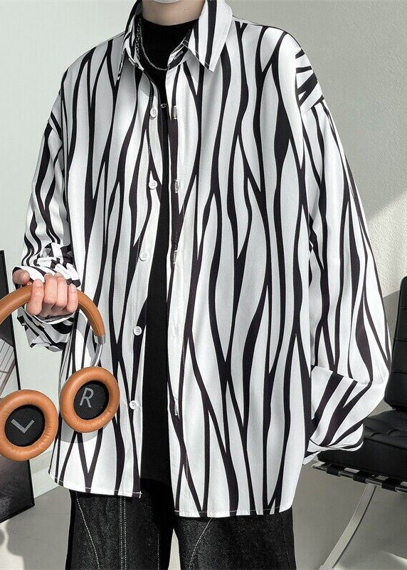 Stylish White Striped Button Cotton Mens Shirts Spring