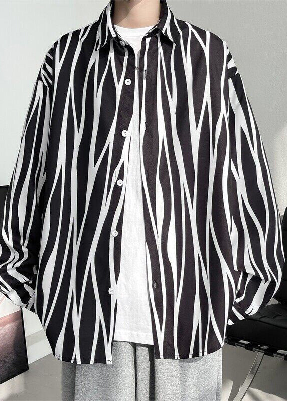 Stylish White Striped Button Cotton Mens Shirts Spring