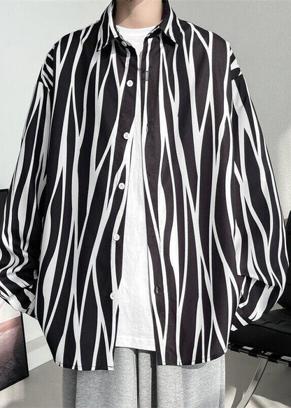 Stylish White Striped Button Cotton Mens Shirts Spring